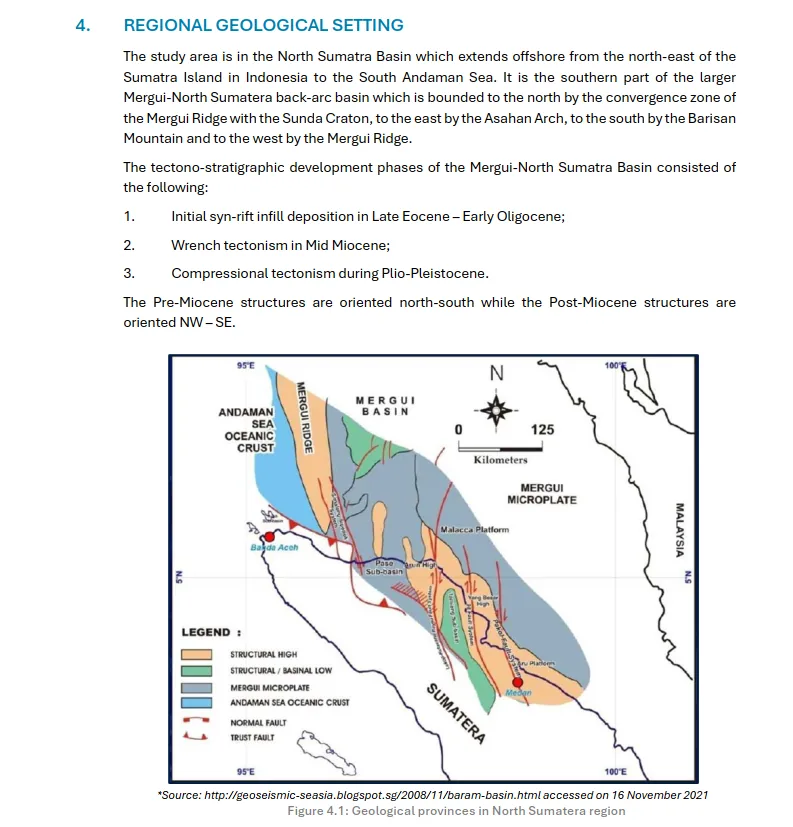 Page from a geophysical survey report: regional geological setting with a basin map