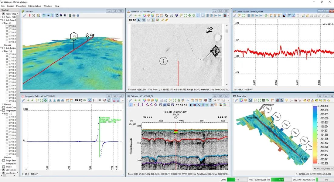 Wadugs desktop interface showing 3D view, waterfall, magnetic field, seismic and base map panels
