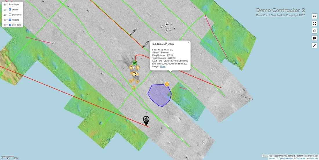CloudChart in the browser: seabed survey map with sub-bottom profiler details popup