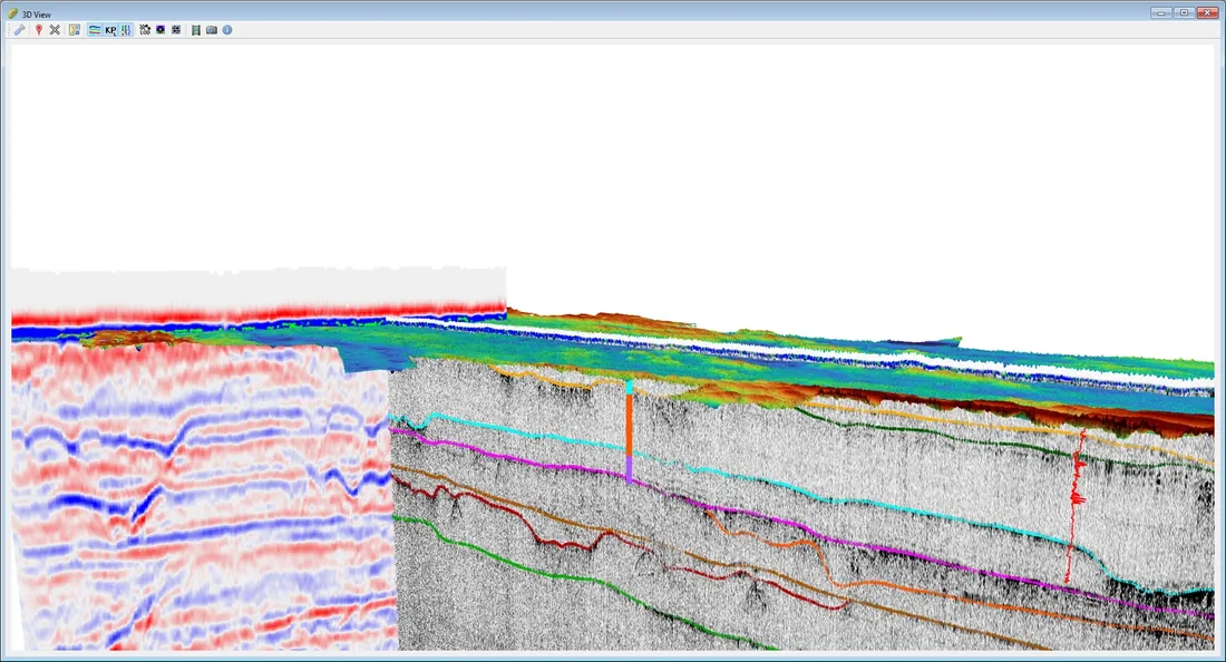 Custom 3D viewer showing interpreted seismic horizons alongside a raster seismic section
